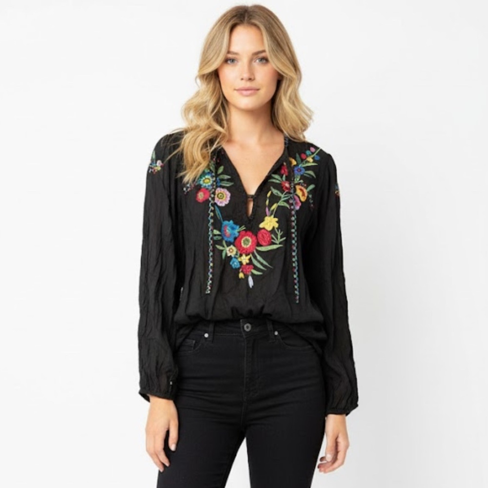 Johnny Was Long Sleeve Tunic Blouse Multicolor Floral Embroidery Boho Large